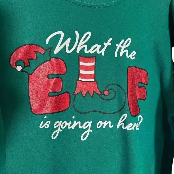Wound Up What The Elf Is Going On Here Christmas Sweatshirt Green Size Medium - Picture 2 of 6